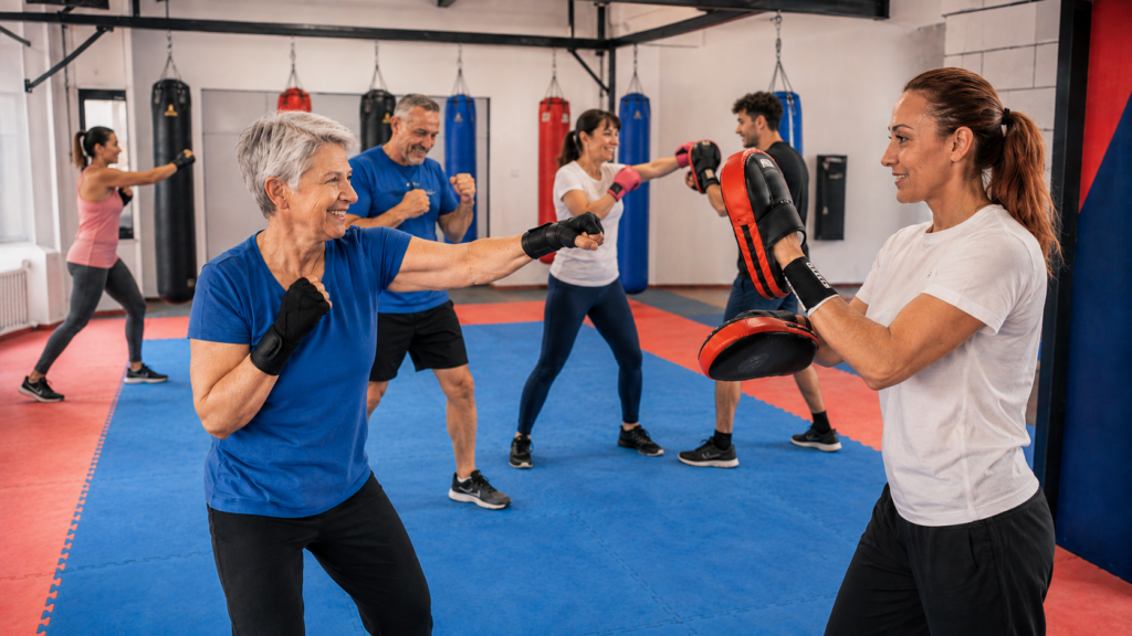 Cours de Boxe Santé & Adaptée à Angers avec une coach encadrant une séance accessible et progressive à l’American Boxing Club.